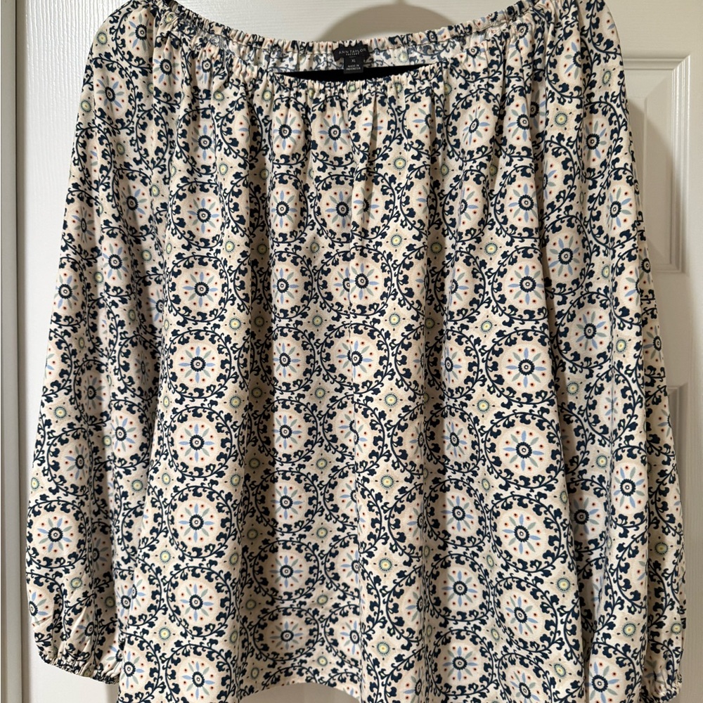 Ann Taylor Cream and Navy Patterned Blouse